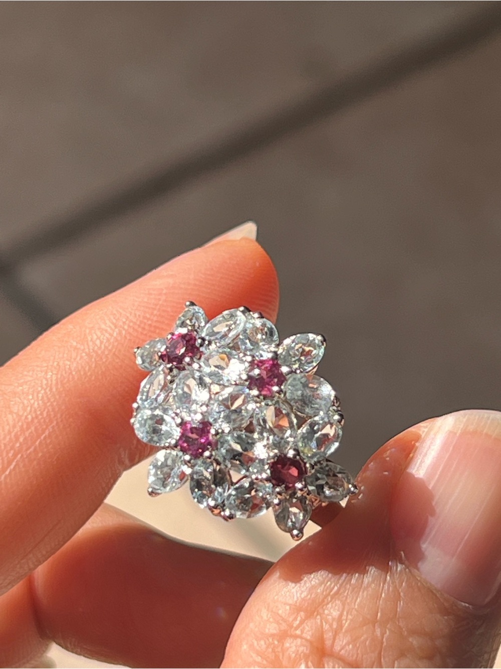 Genuine Aquamarine and Garnet Ring